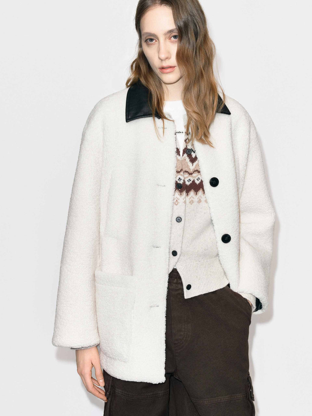Leather Collar Button Coat