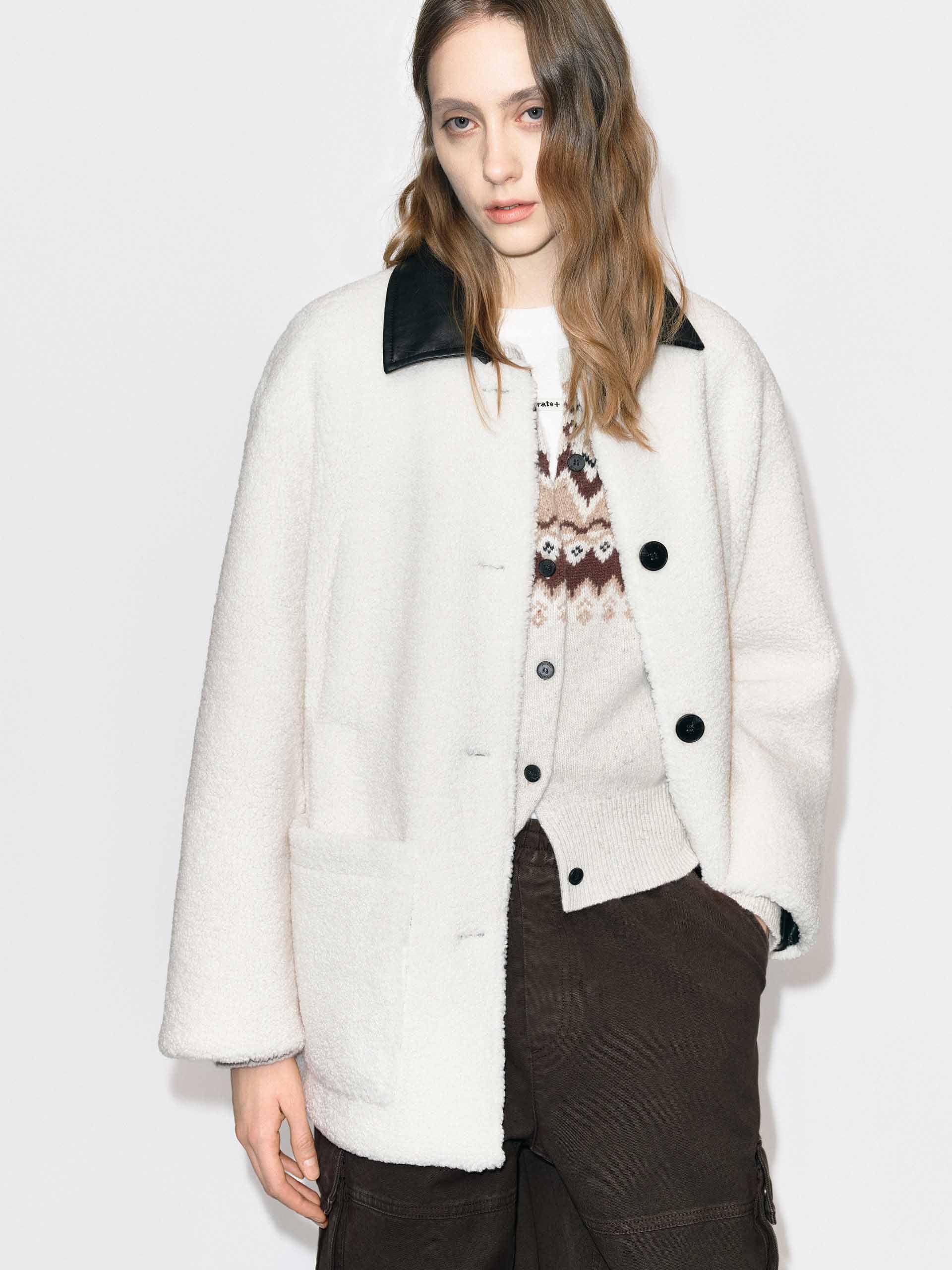 Leather Collar Button Coat
