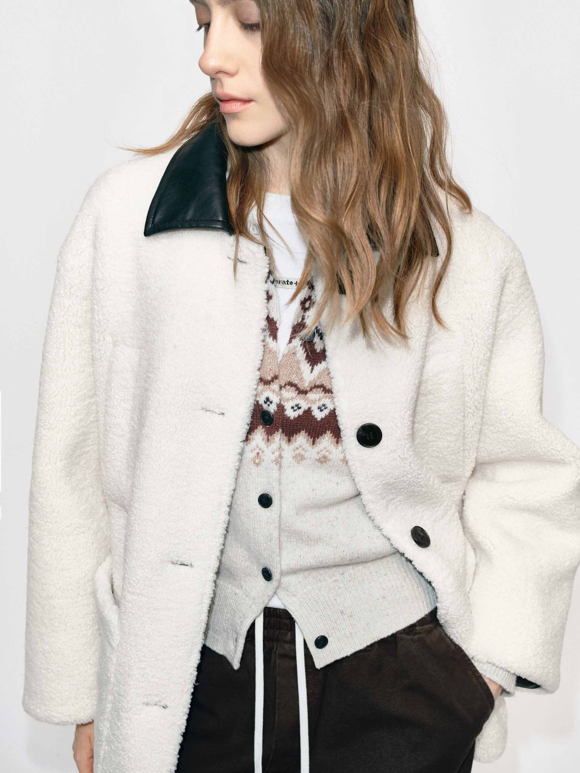Leather Collar Button Coat