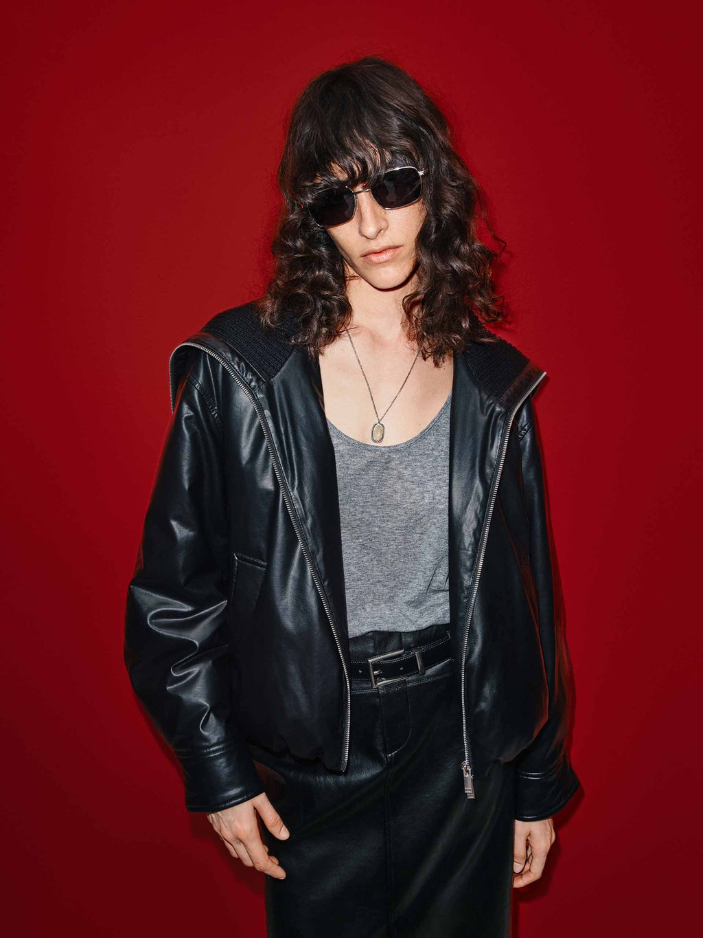 Ribbed Neckline Leather Down Jacket