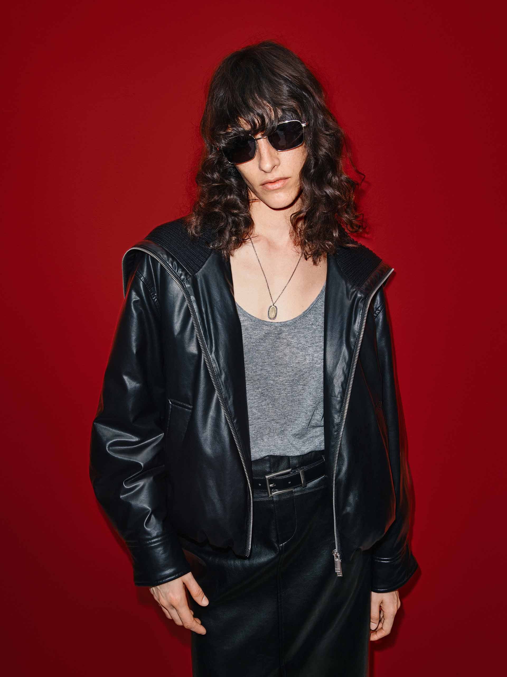 Ribbed Neckline Leather Down Jacket