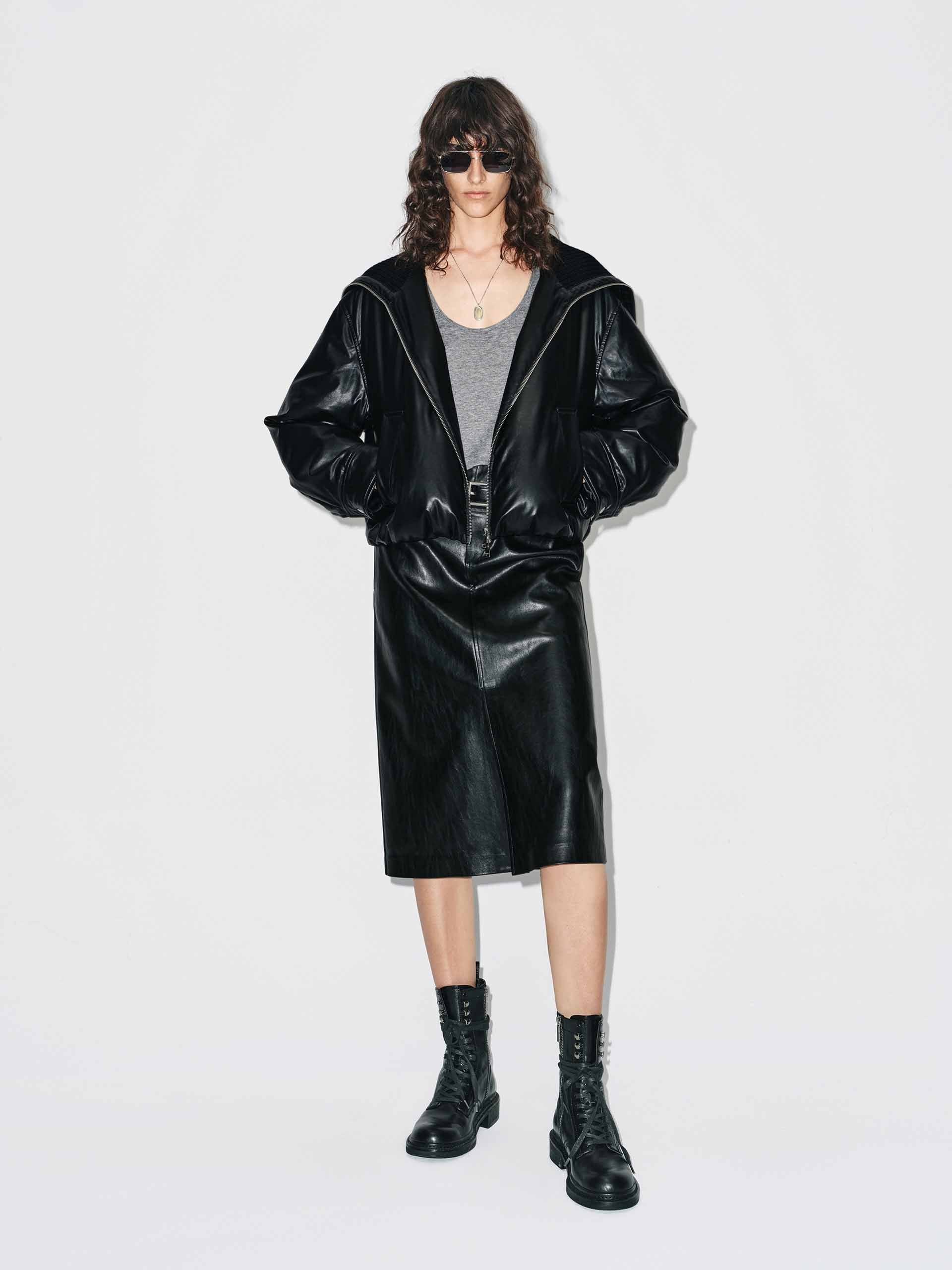 Ribbed Neckline Leather Down Jacket