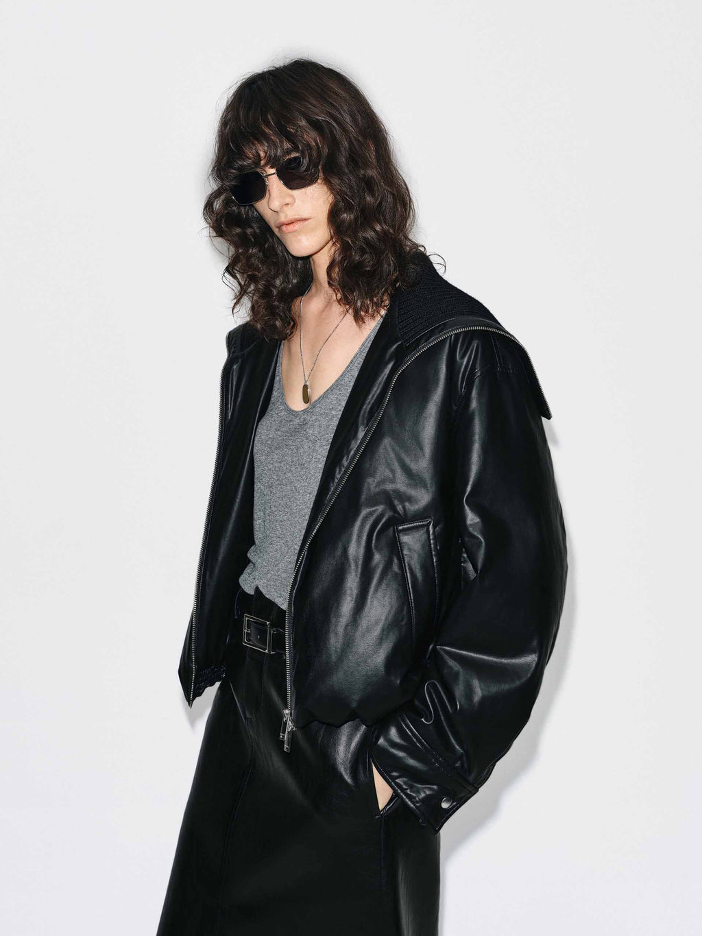 Ribbed Neckline Leather Down Jacket