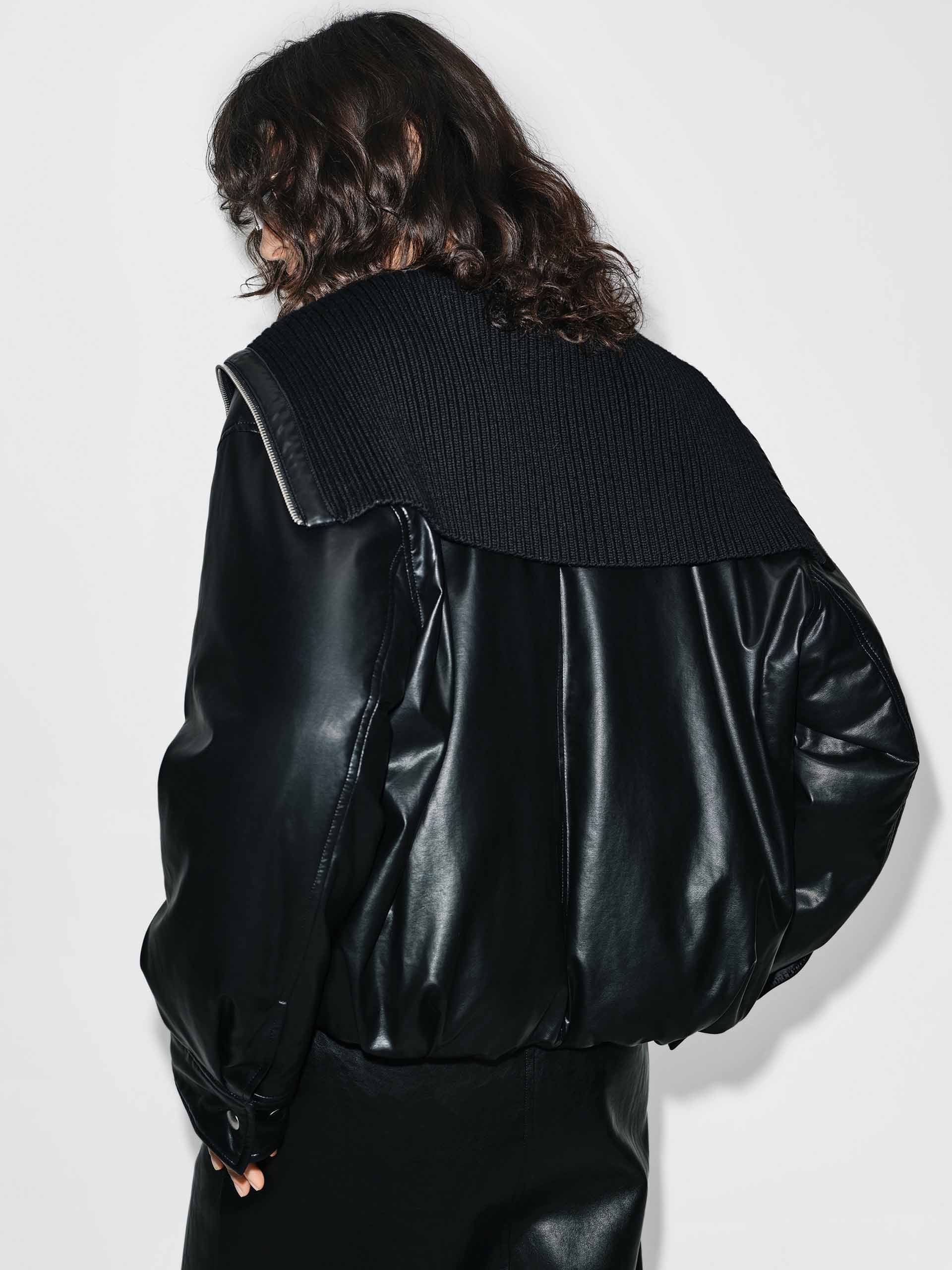 Ribbed Neckline Leather Down Jacket