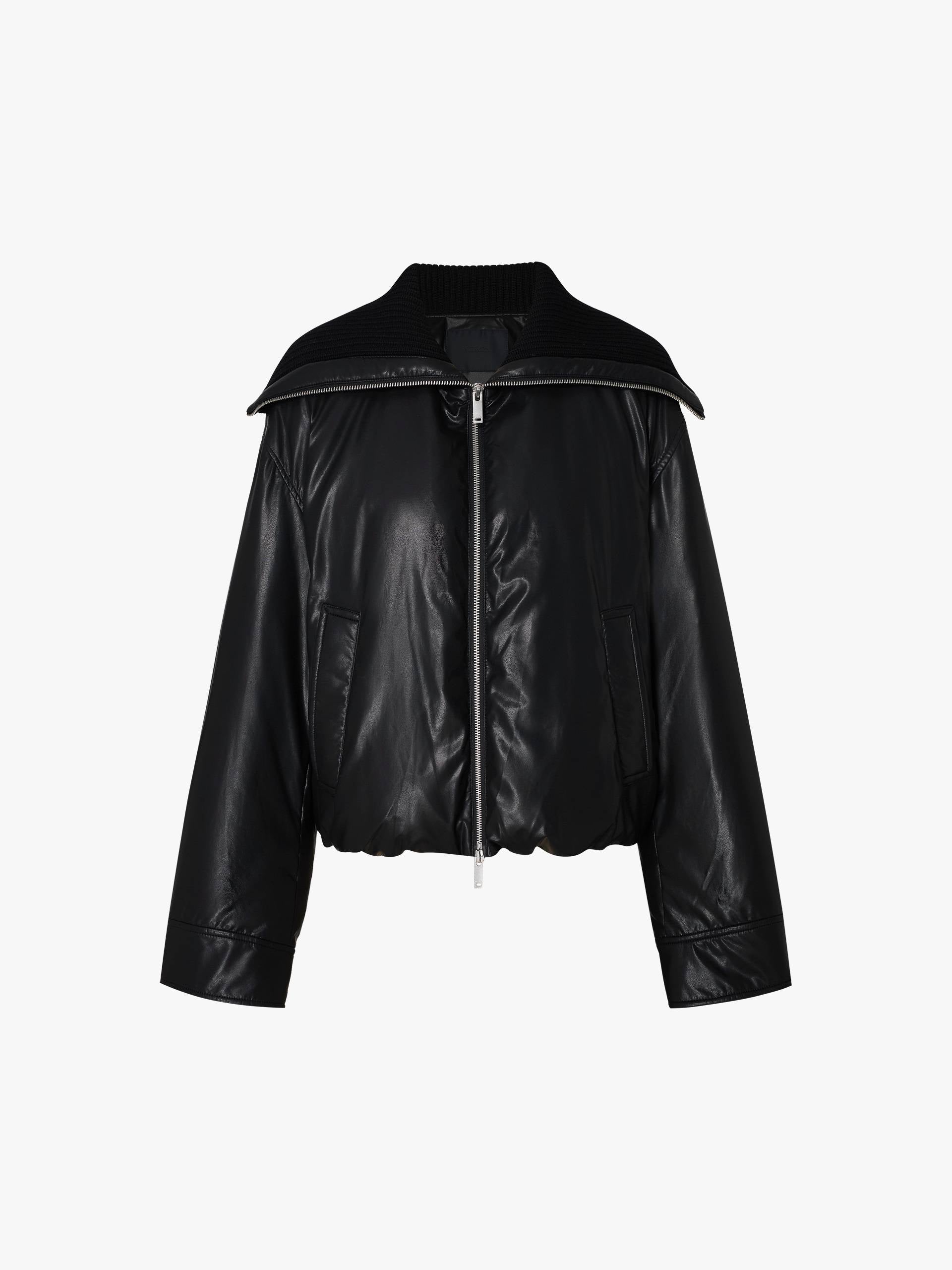 Ribbed Neckline Leather Down Jacket