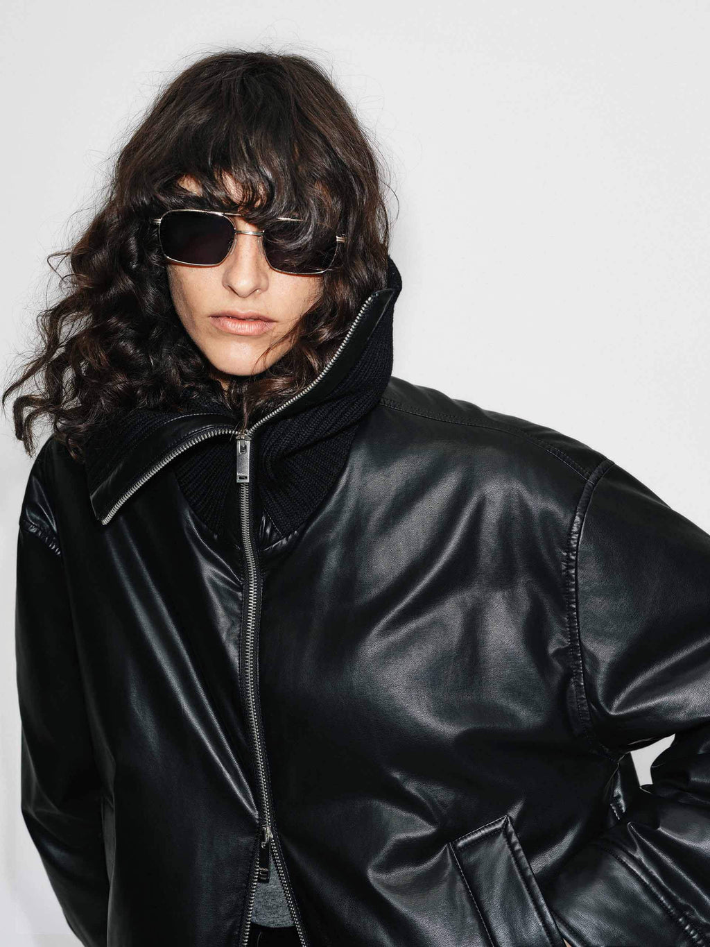 Ribbed Neckline Leather Down Jacket
