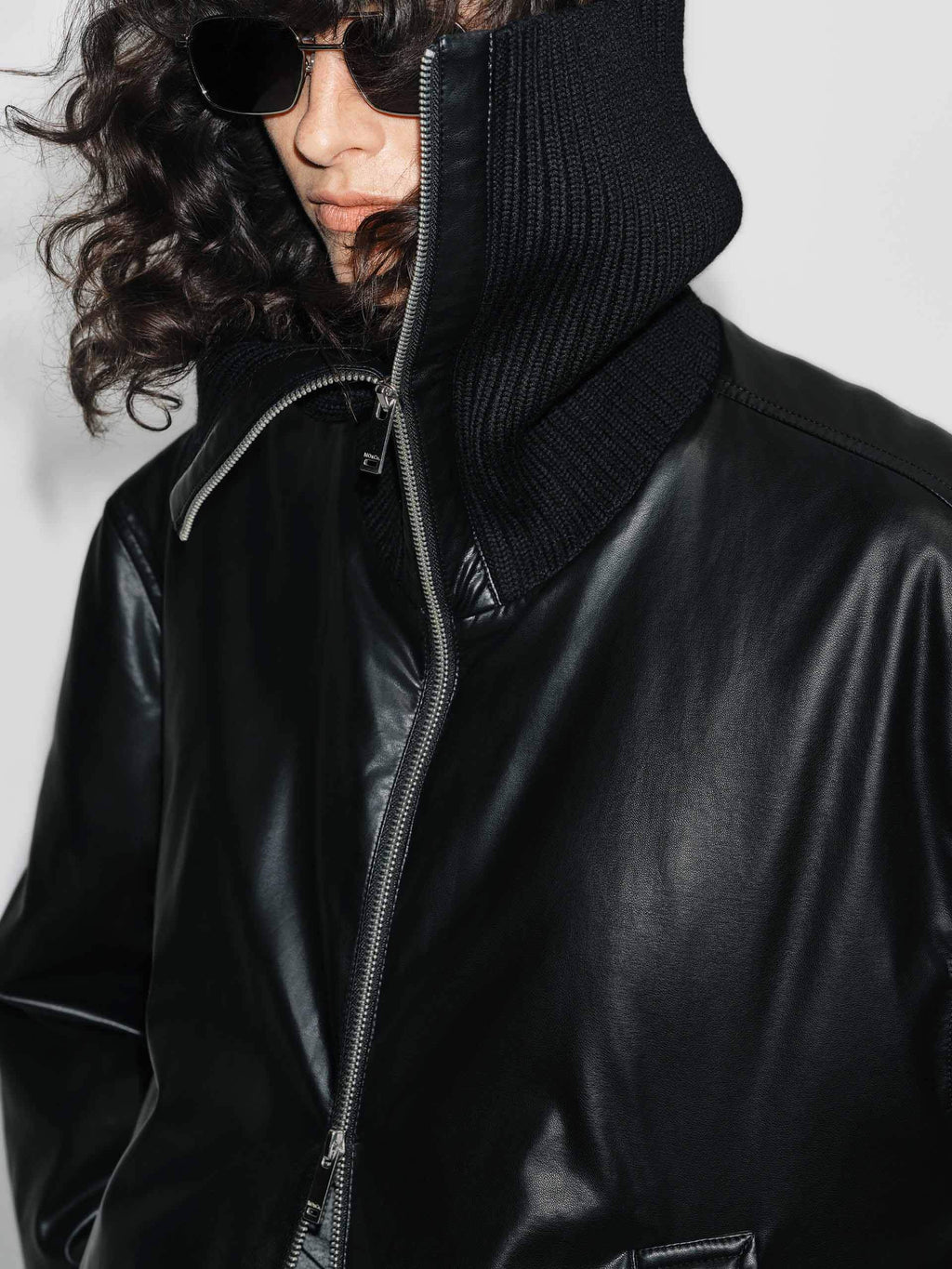 Ribbed Neckline Leather Down Jacket