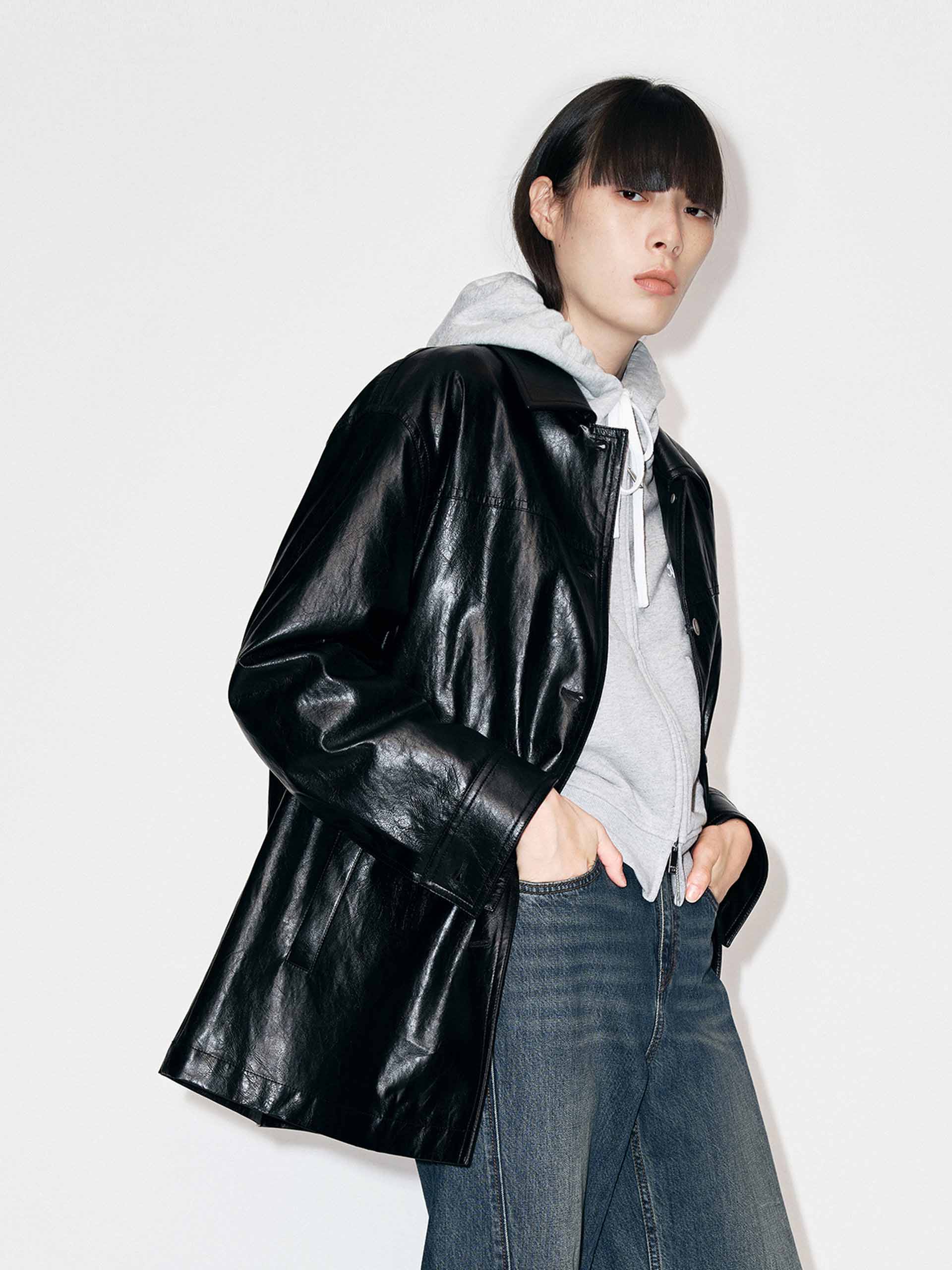 Button Leather Down Jacket