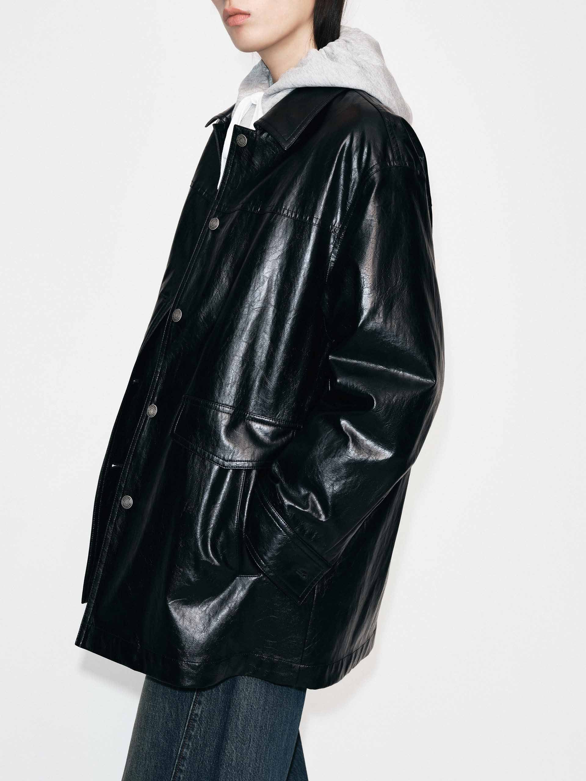 Button Leather Down Jacket