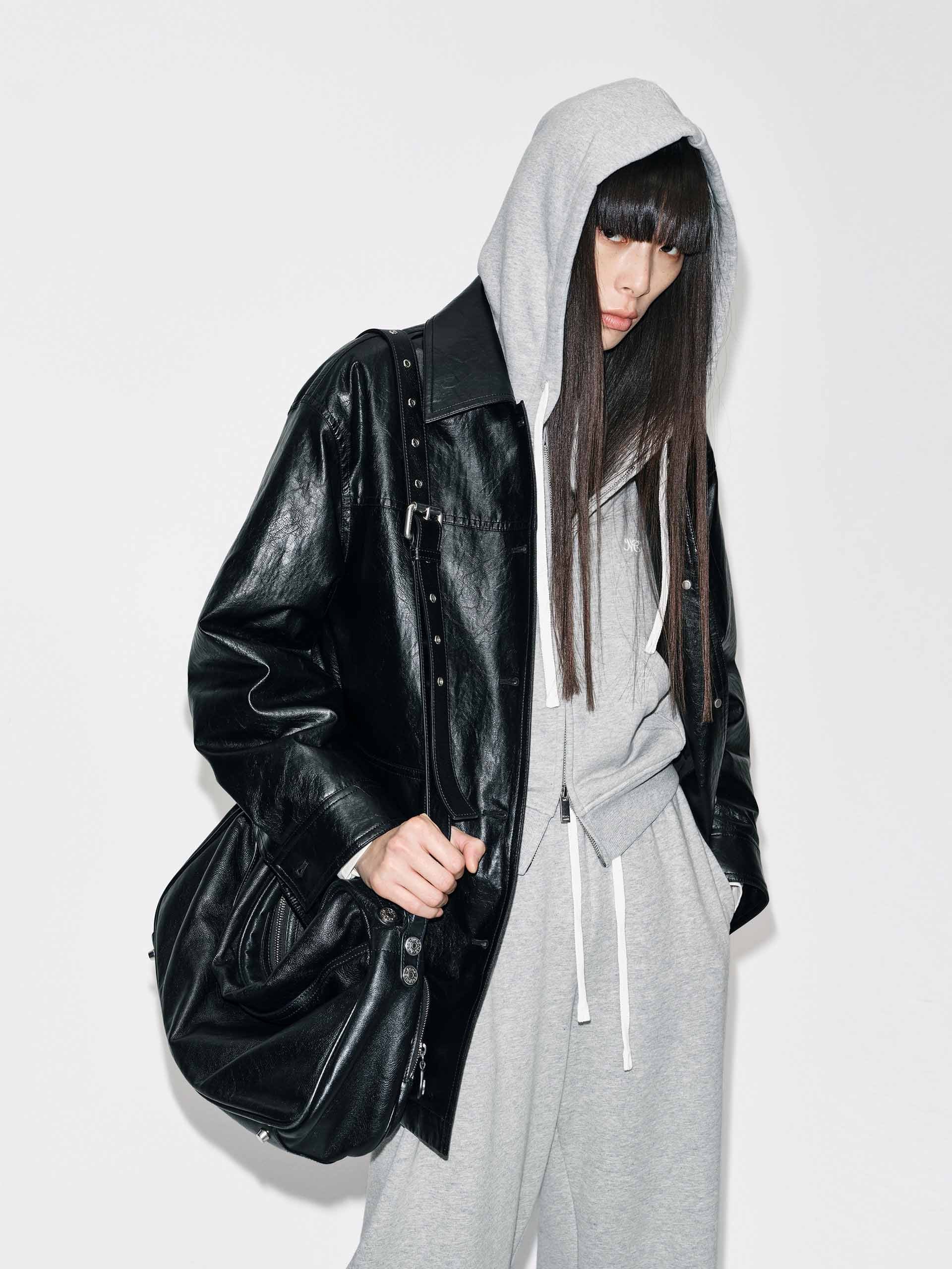 Button Leather Down Jacket