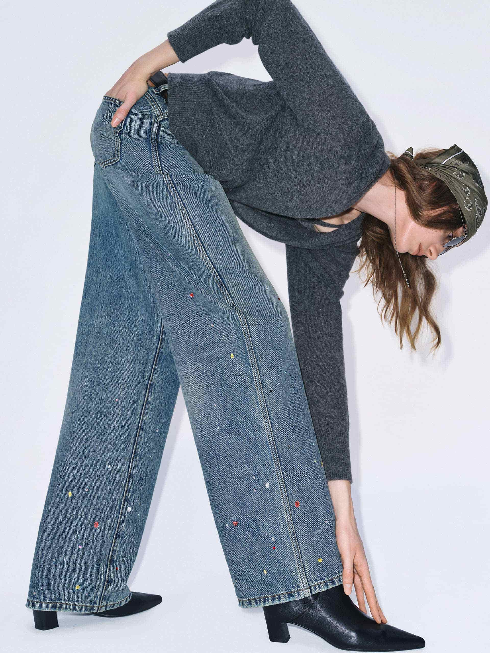 Color Rhinestone Cotton Jeans