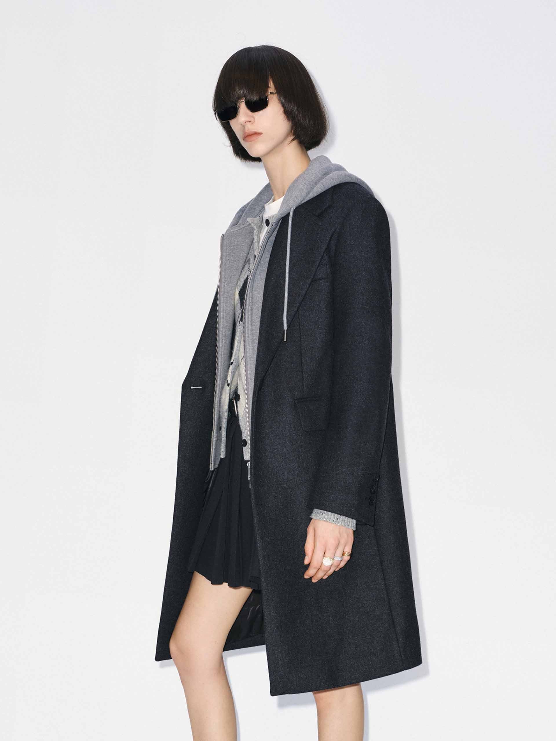 Layered Hooded Wool Coat