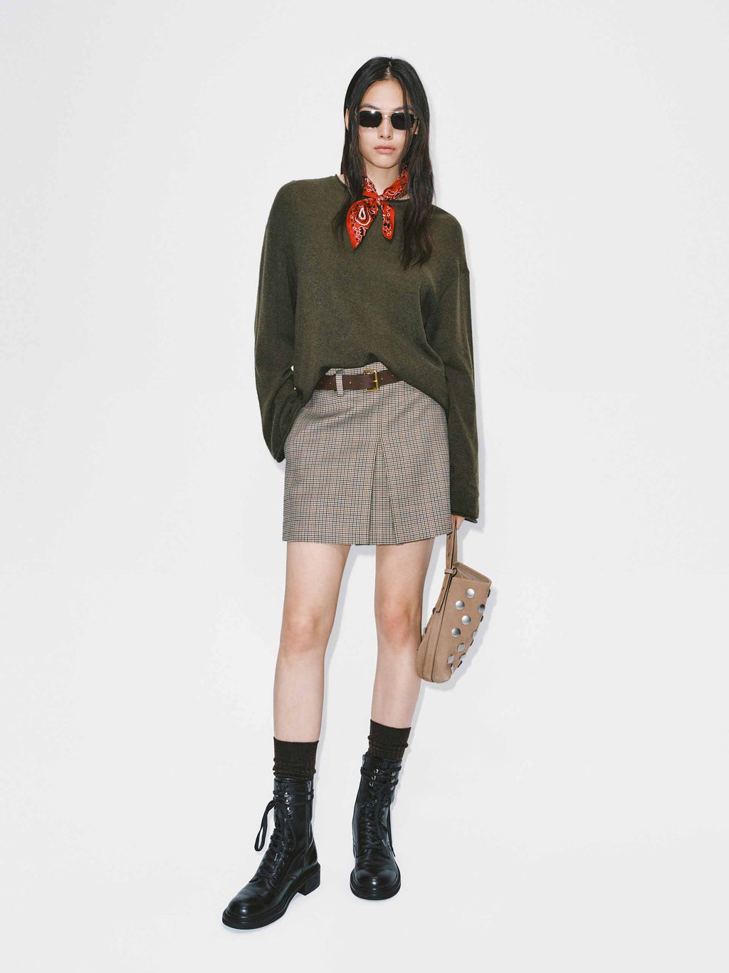 Houndstooth Belted Skirt