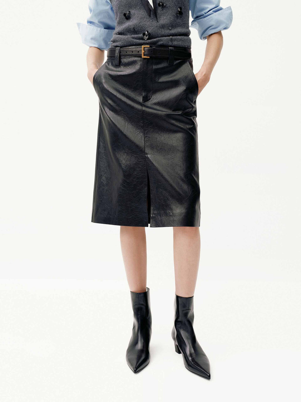Front Slit Midi Leather Skirt