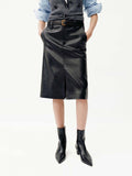 Front Slit Midi Leather Skirt