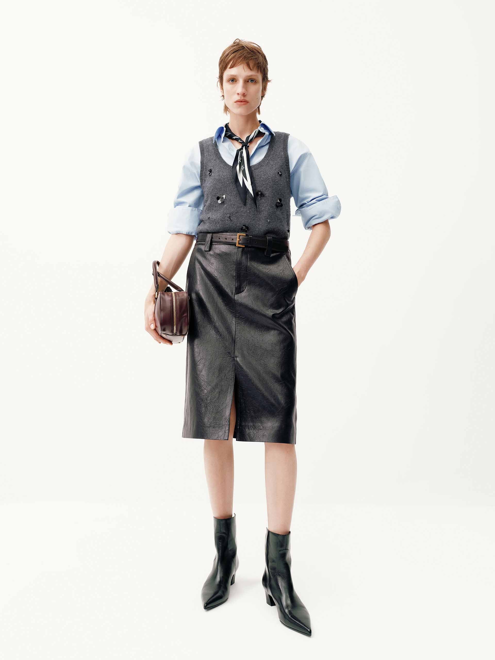 Front Slit Midi Leather Skirt