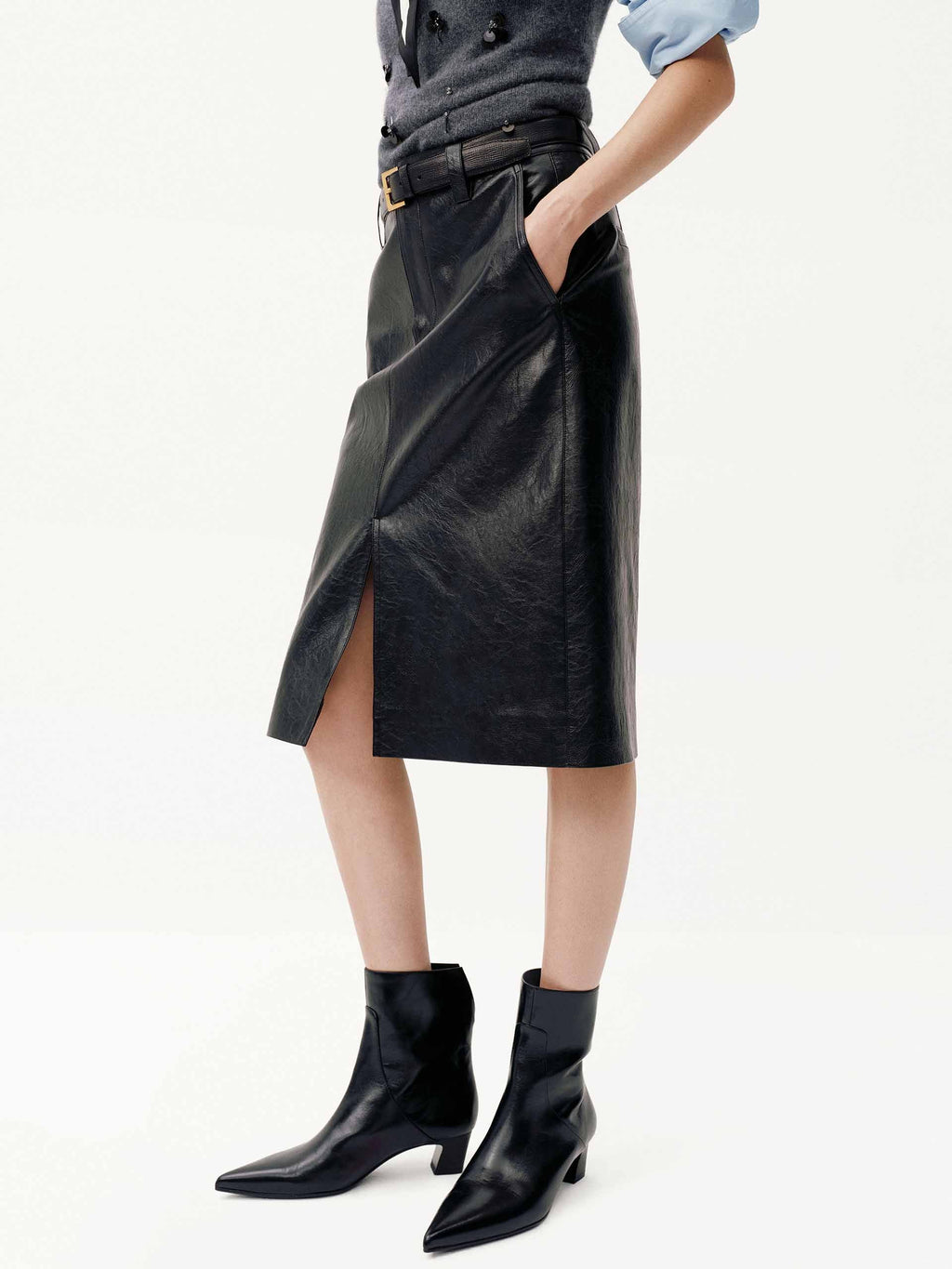 Front Slit Midi Leather Skirt