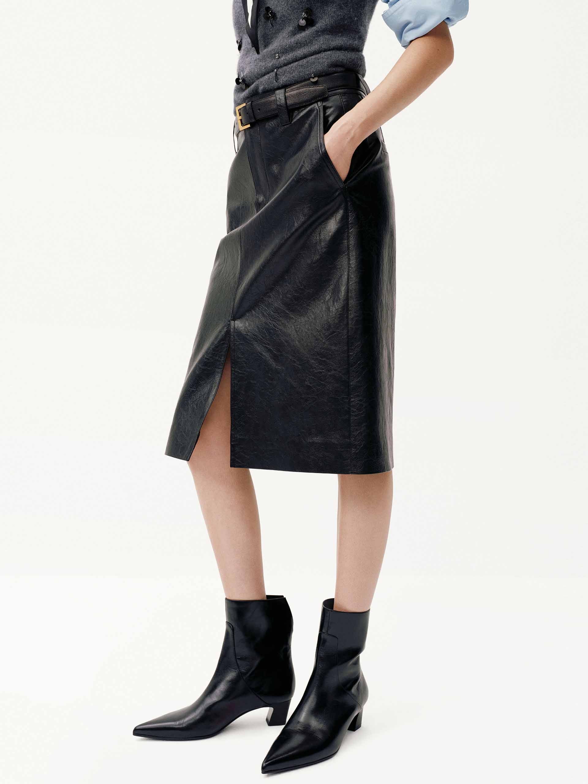Front Slit Midi Leather Skirt