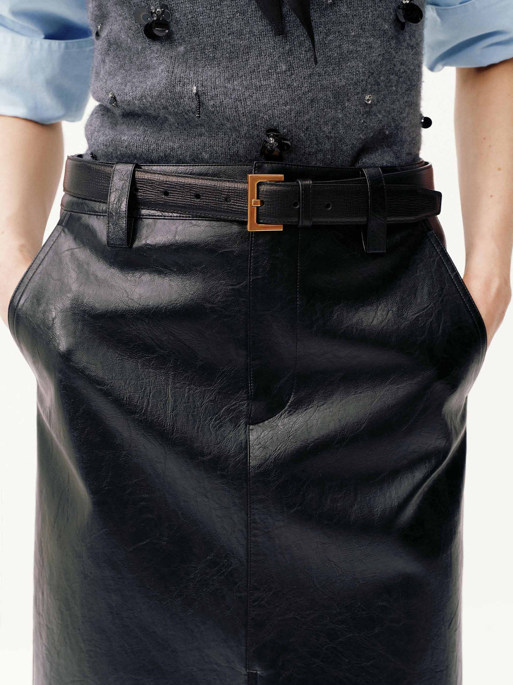 Front Slit Midi Leather Skirt