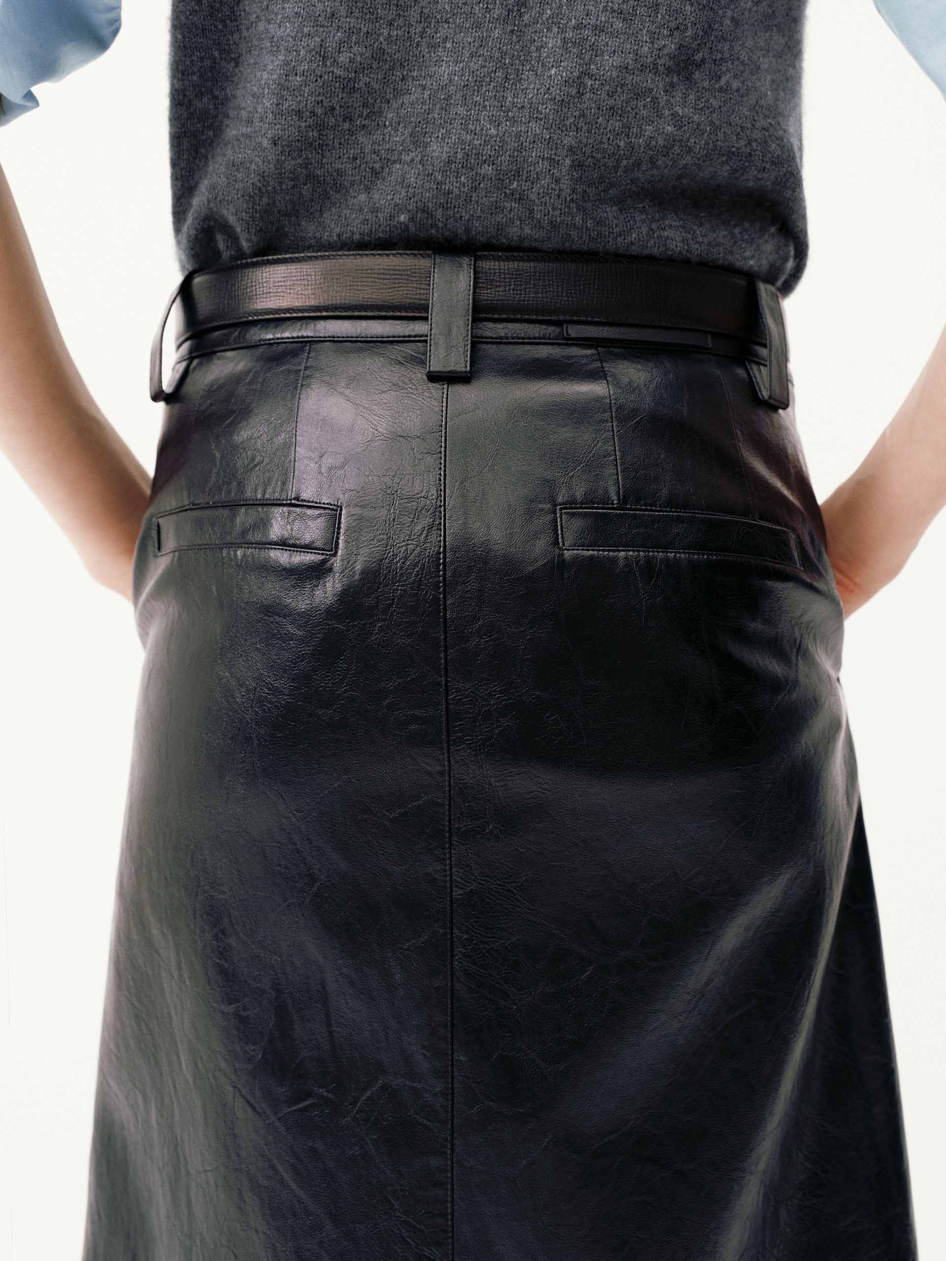 Front Slit Midi Leather Skirt