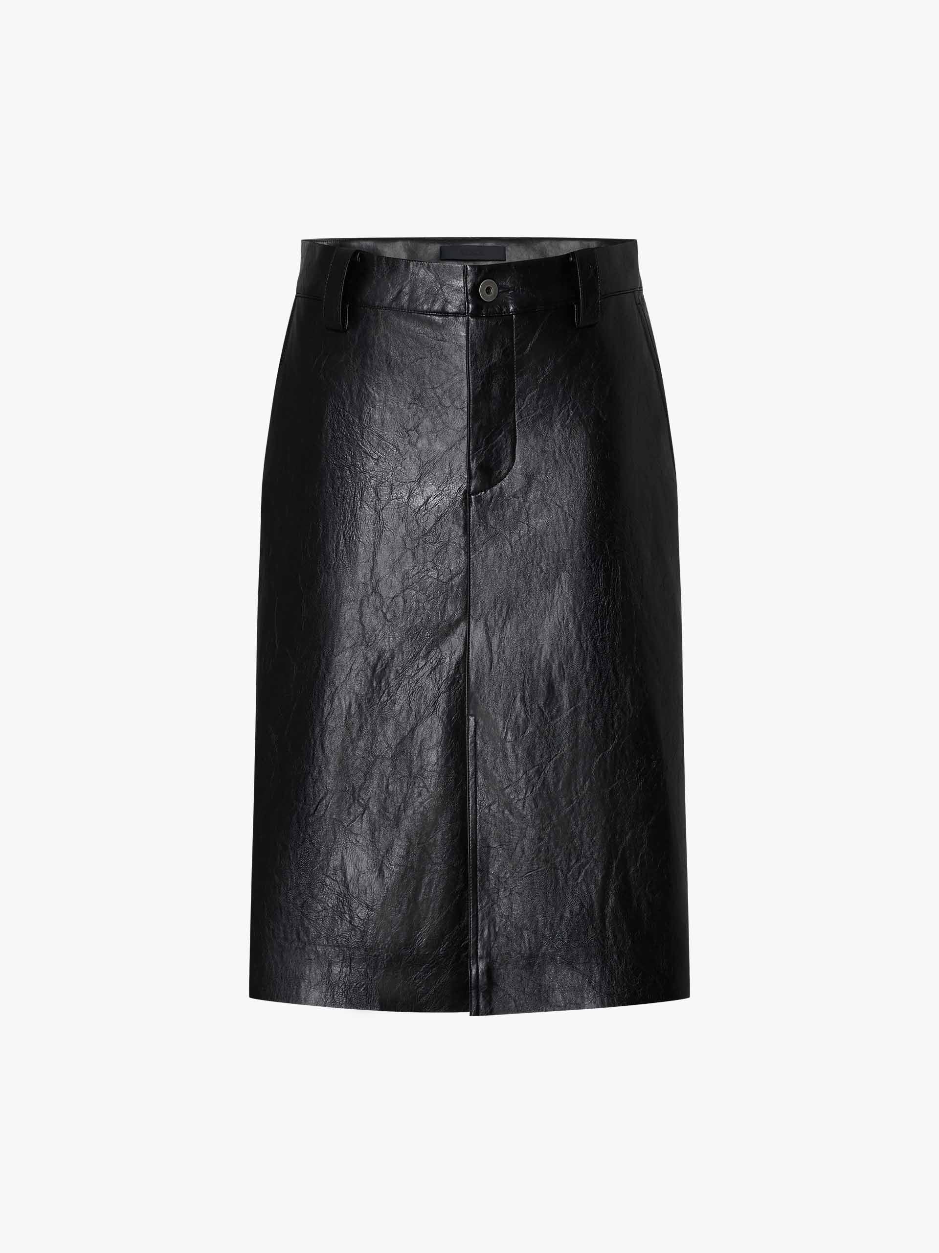Front Slit Midi Leather Skirt