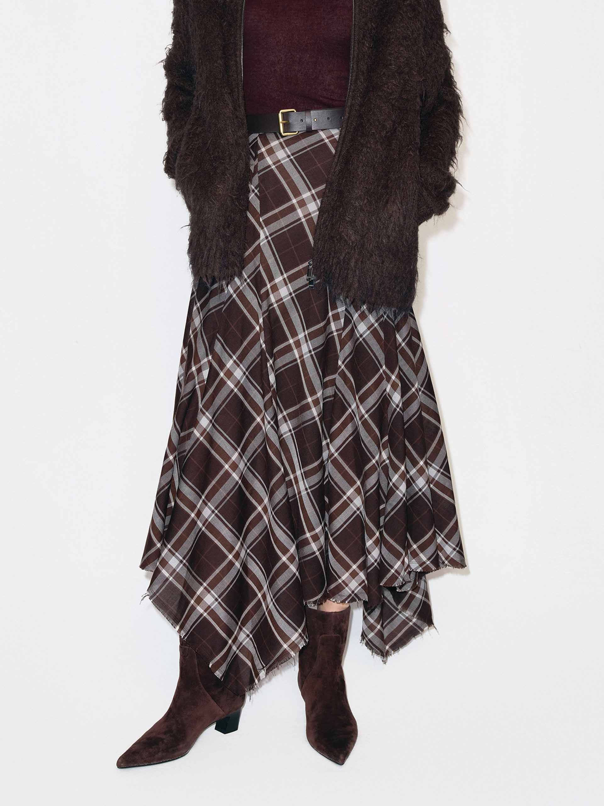 Raw Hem Plaid Skirt