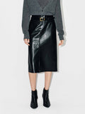 Front Slit Leather Midi Skirt
