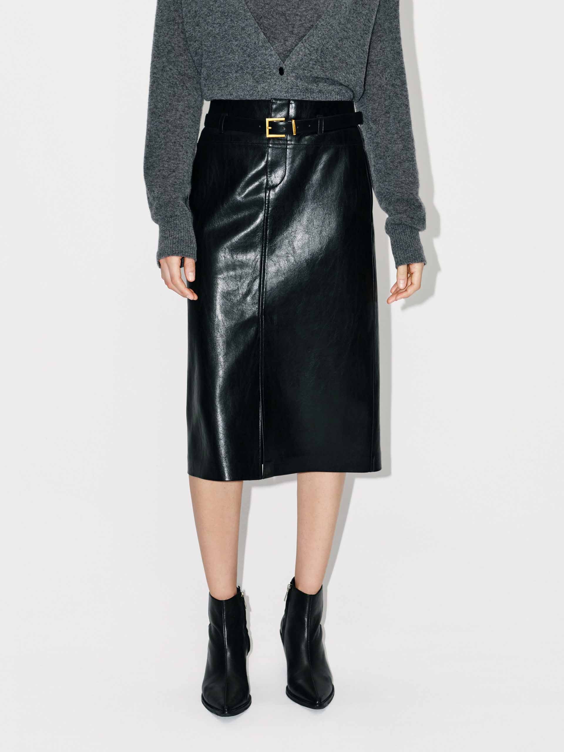 Front Slit Leather Midi Skirt