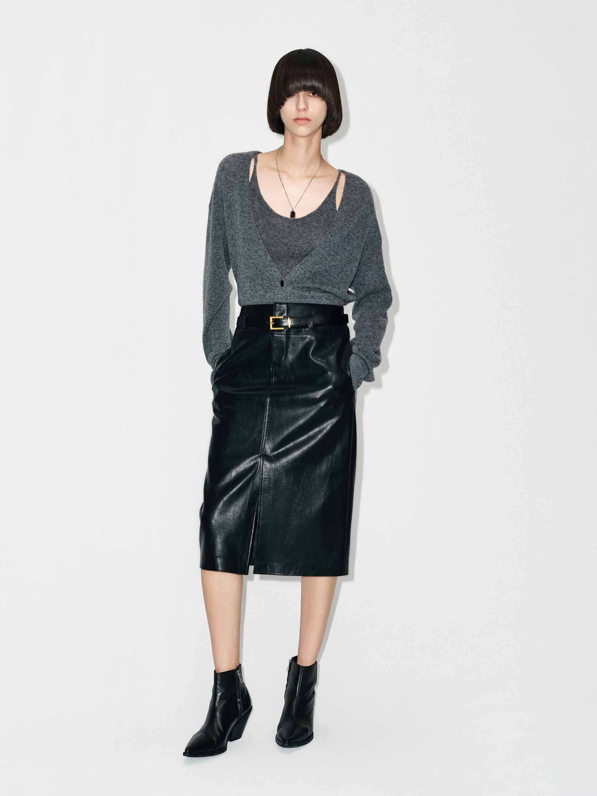 Front Slit Leather Midi Skirt