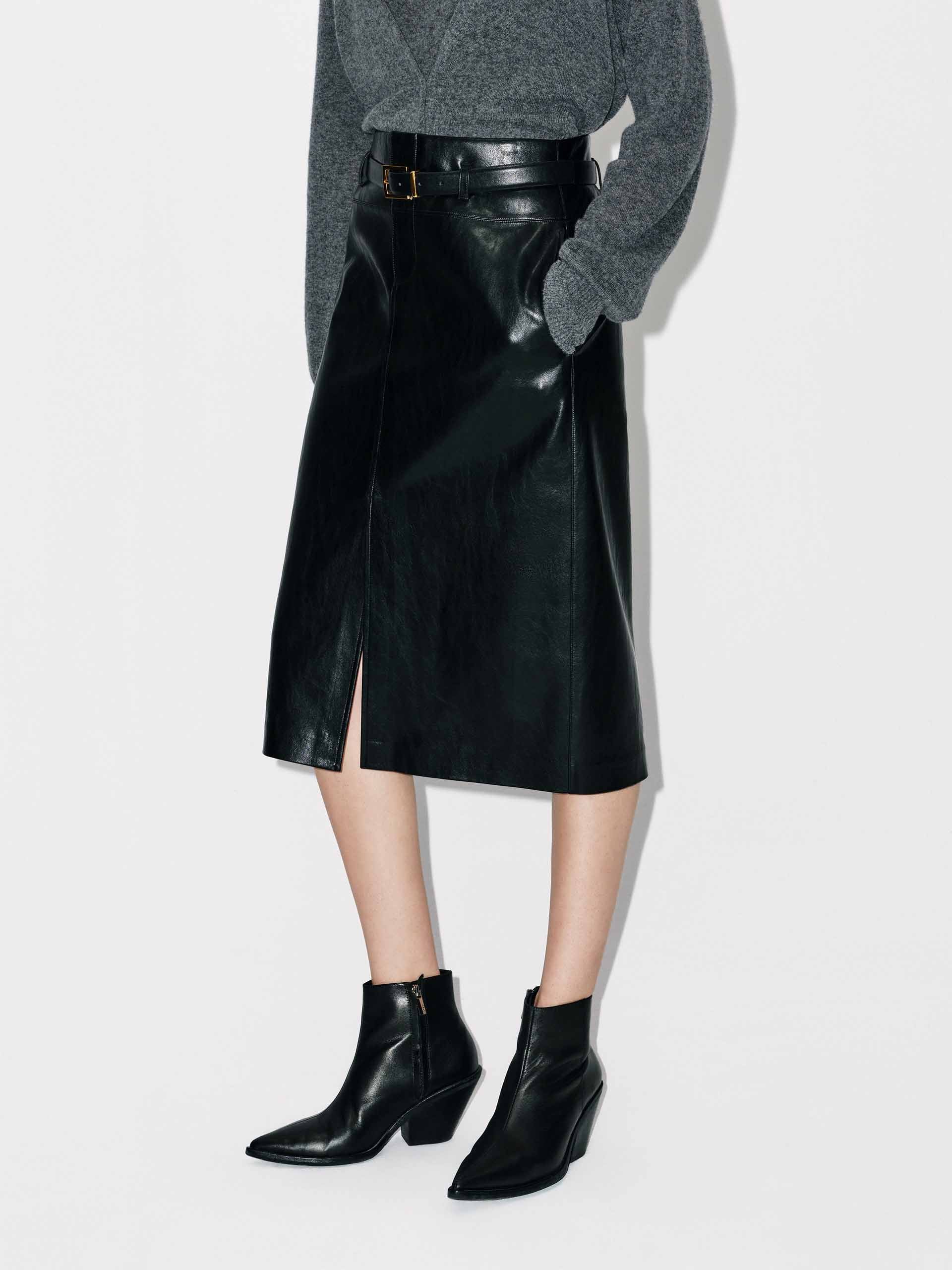 Front Slit Leather Midi Skirt
