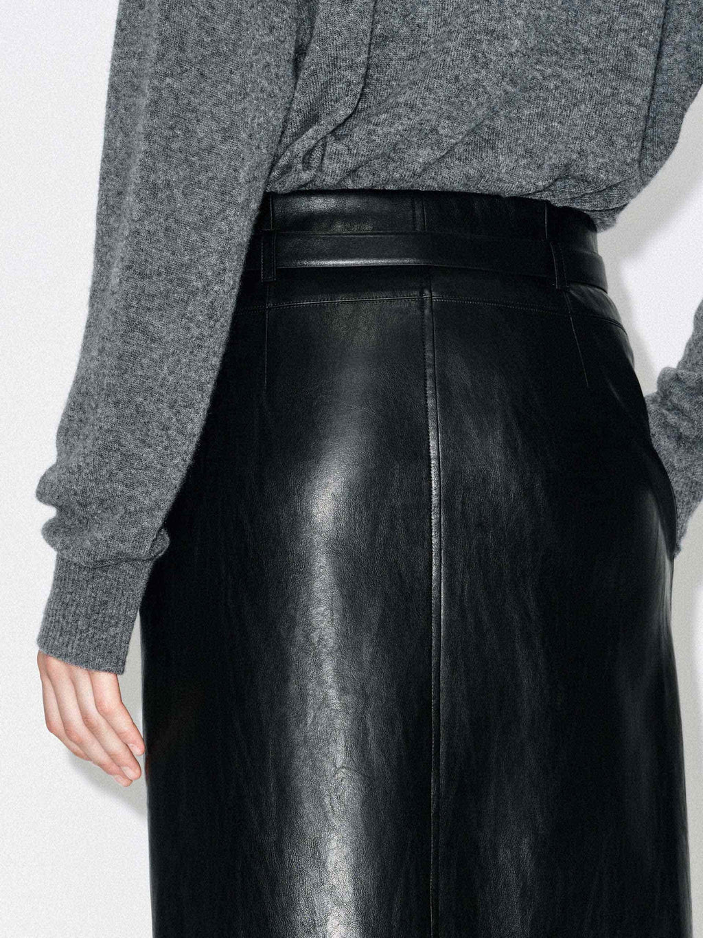 Front Slit Leather Midi Skirt