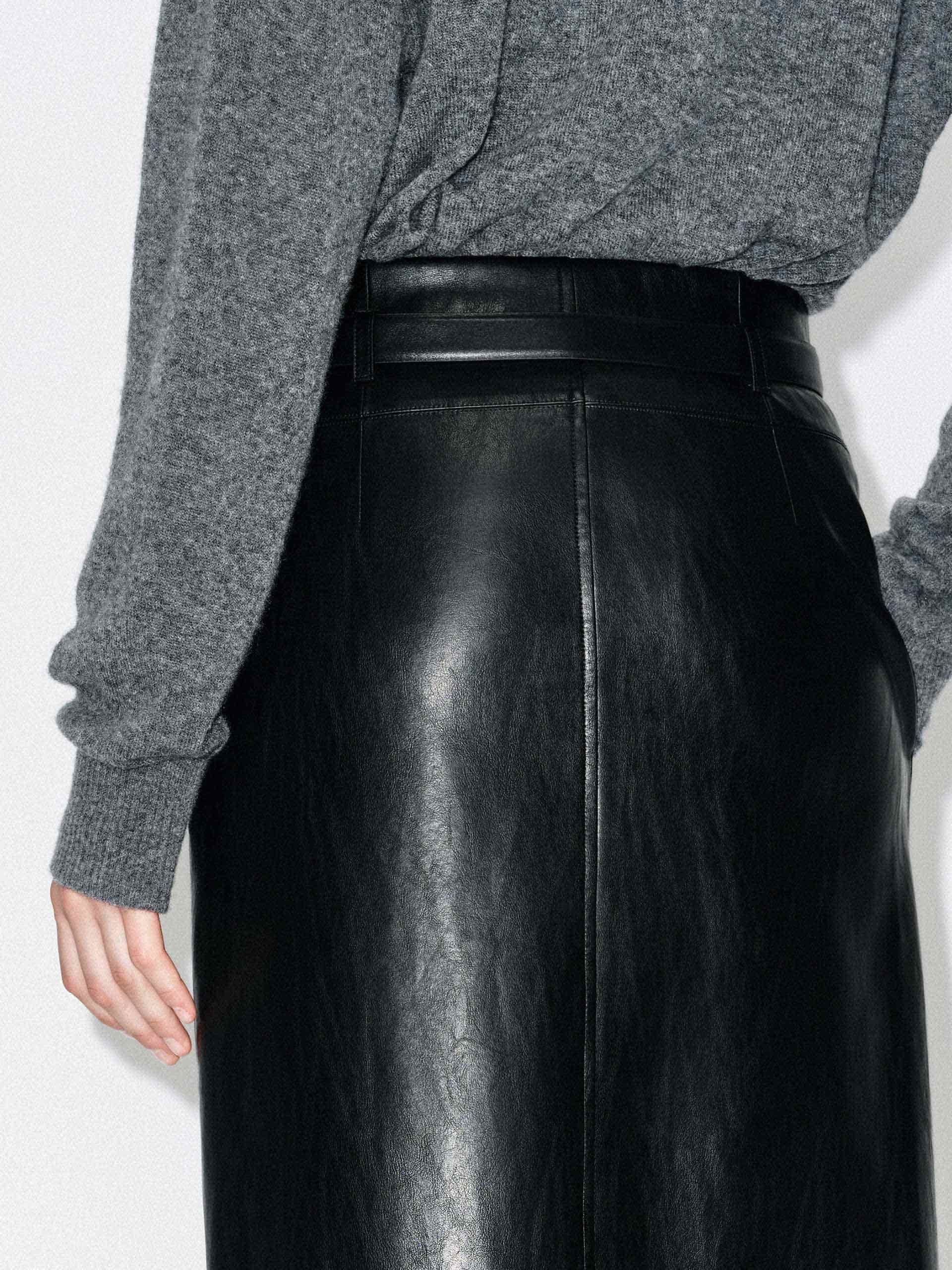 Front Slit Leather Midi Skirt