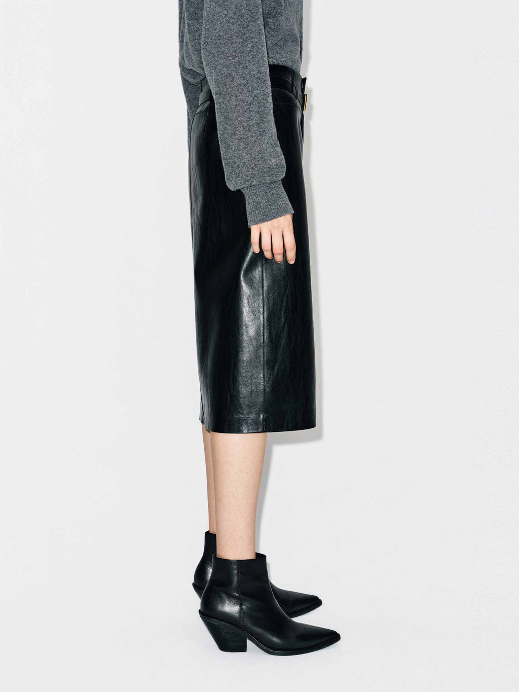 Front Slit Leather Midi Skirt