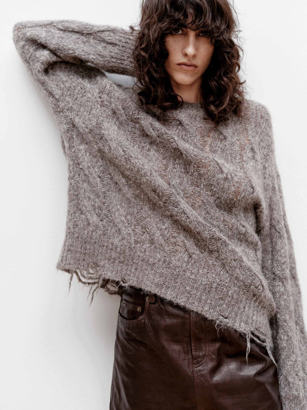 Raw Hem Cable Knitted Sweater