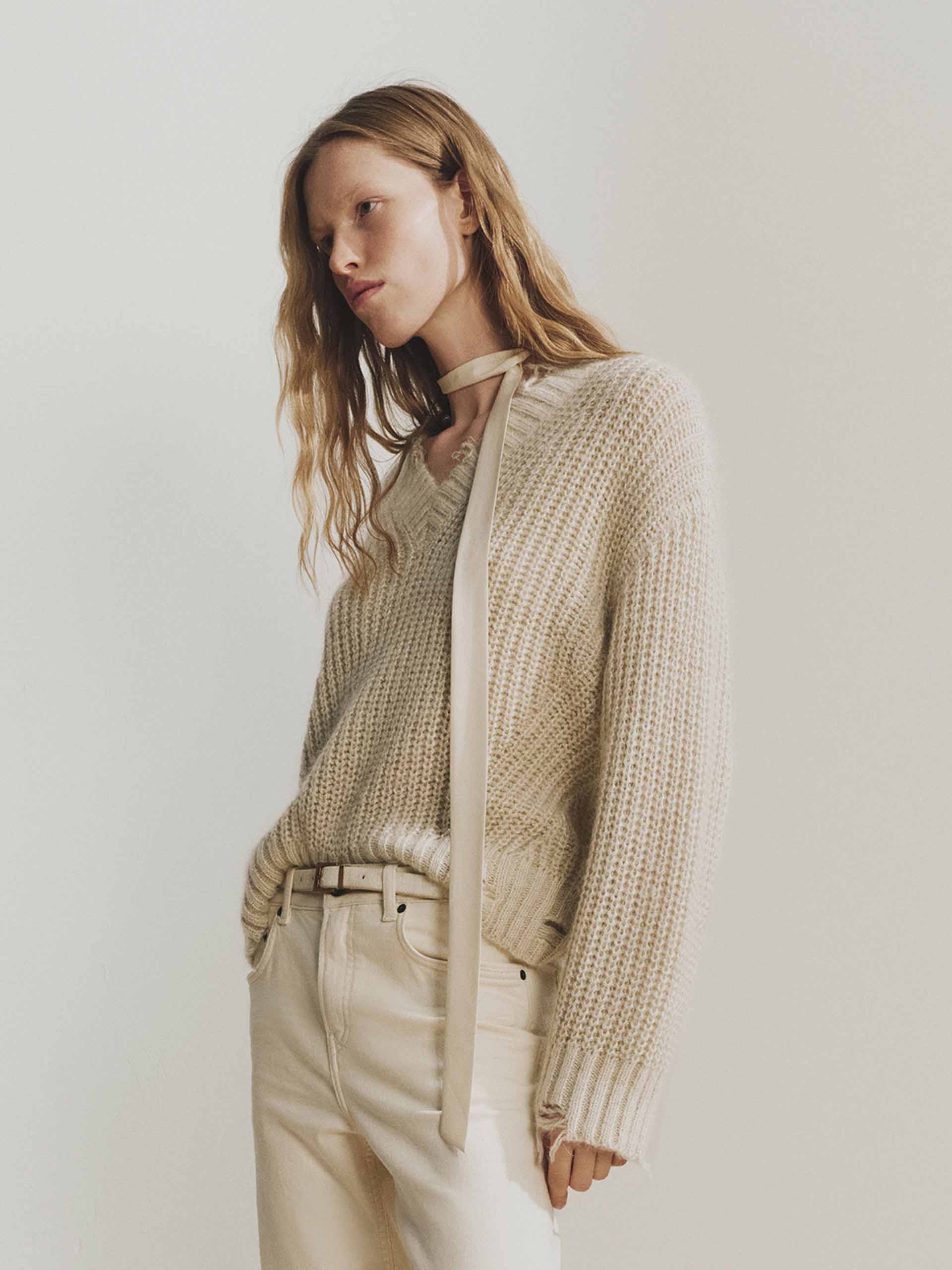 V-neck Raw Hem Sweater