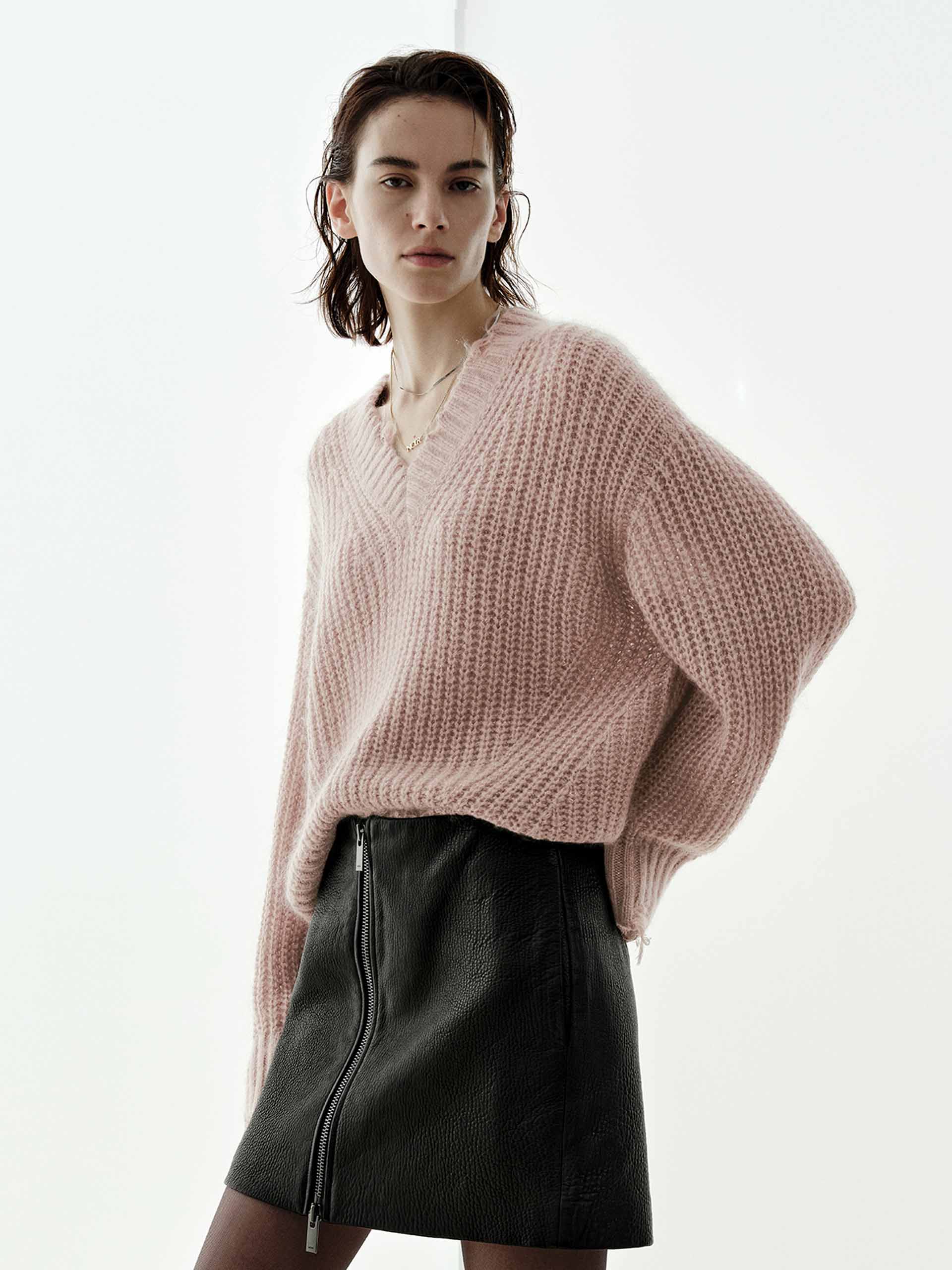V-neck Raw Hem Sweater