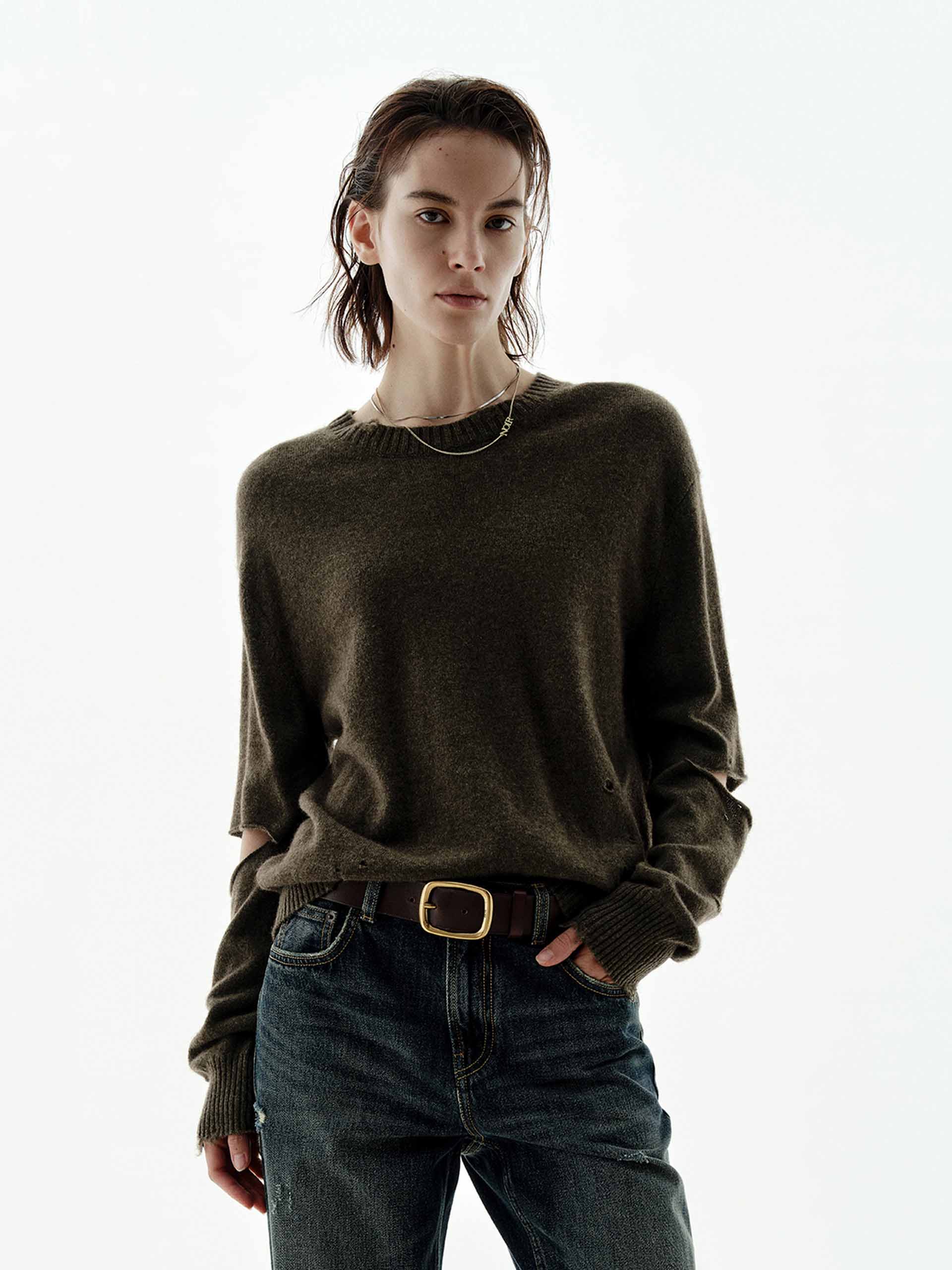 Ripped Cutout Sleeves Knitted Top