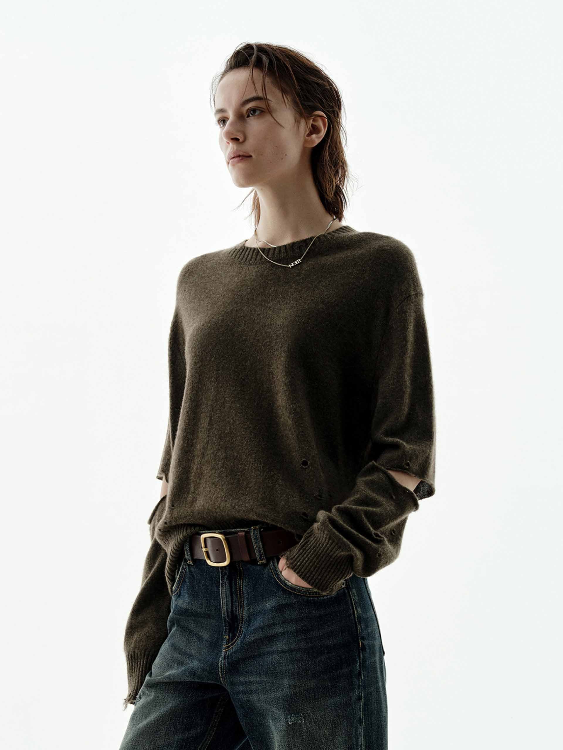 Ripped Cutout Sleeves Knitted Top