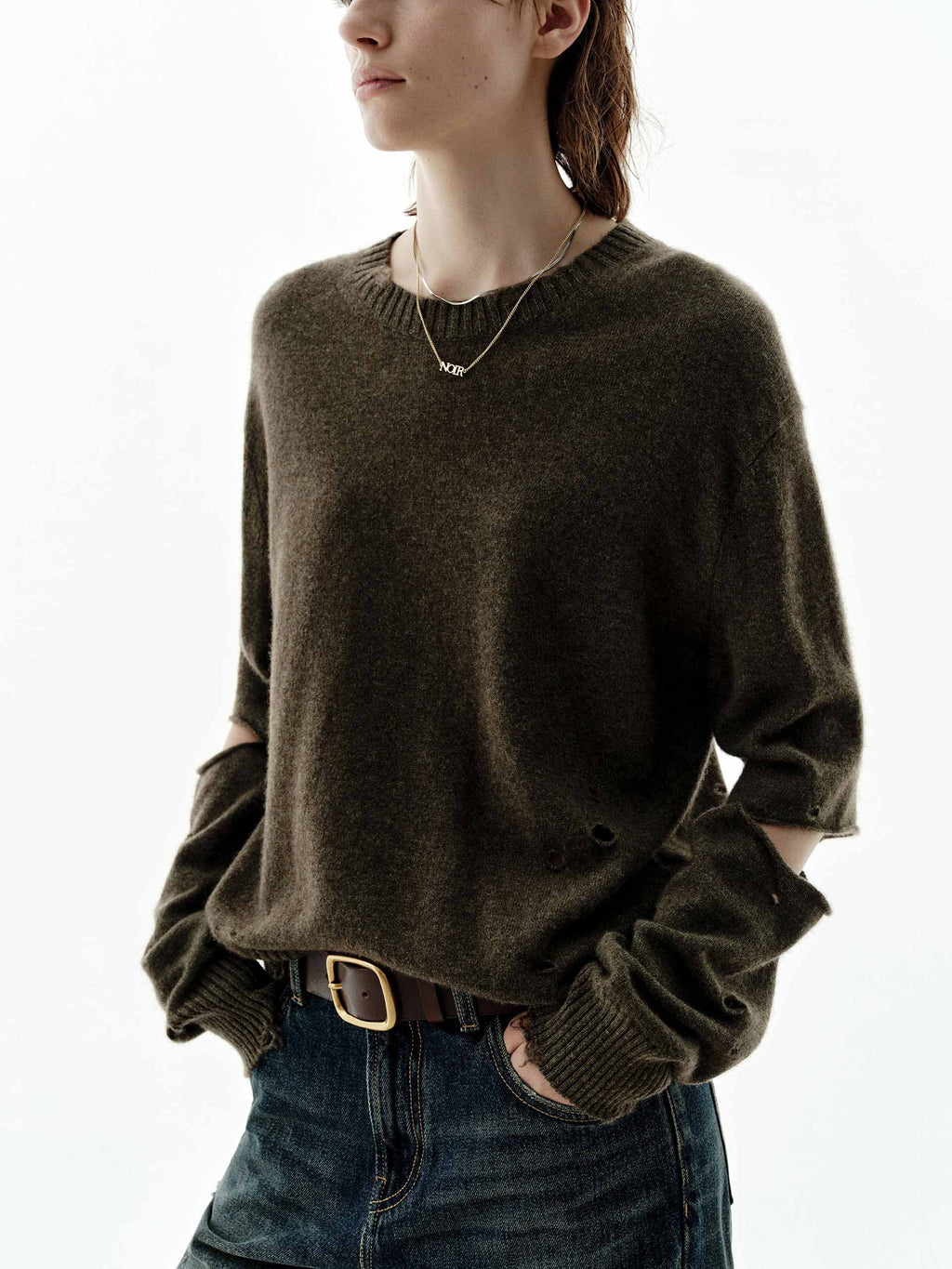 Ripped Cutout Sleeves Knitted Top