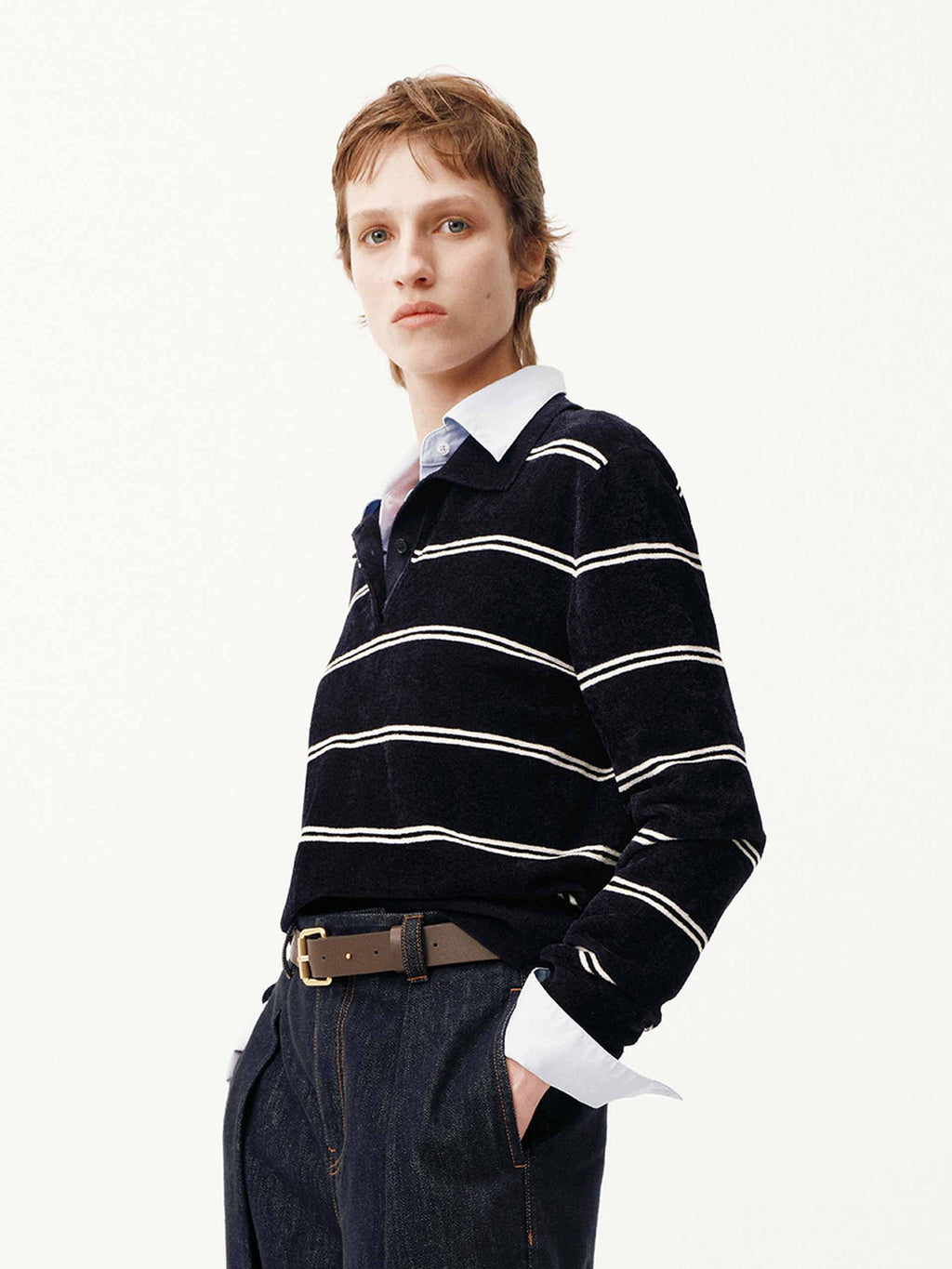 Stripe Pattern Polo Sweater