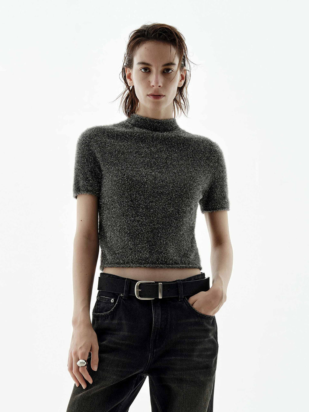 Cropped Metallic Knitted Top