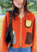 Plus Size Orange Zip Up Pockets Faux Fur Jacket Spring