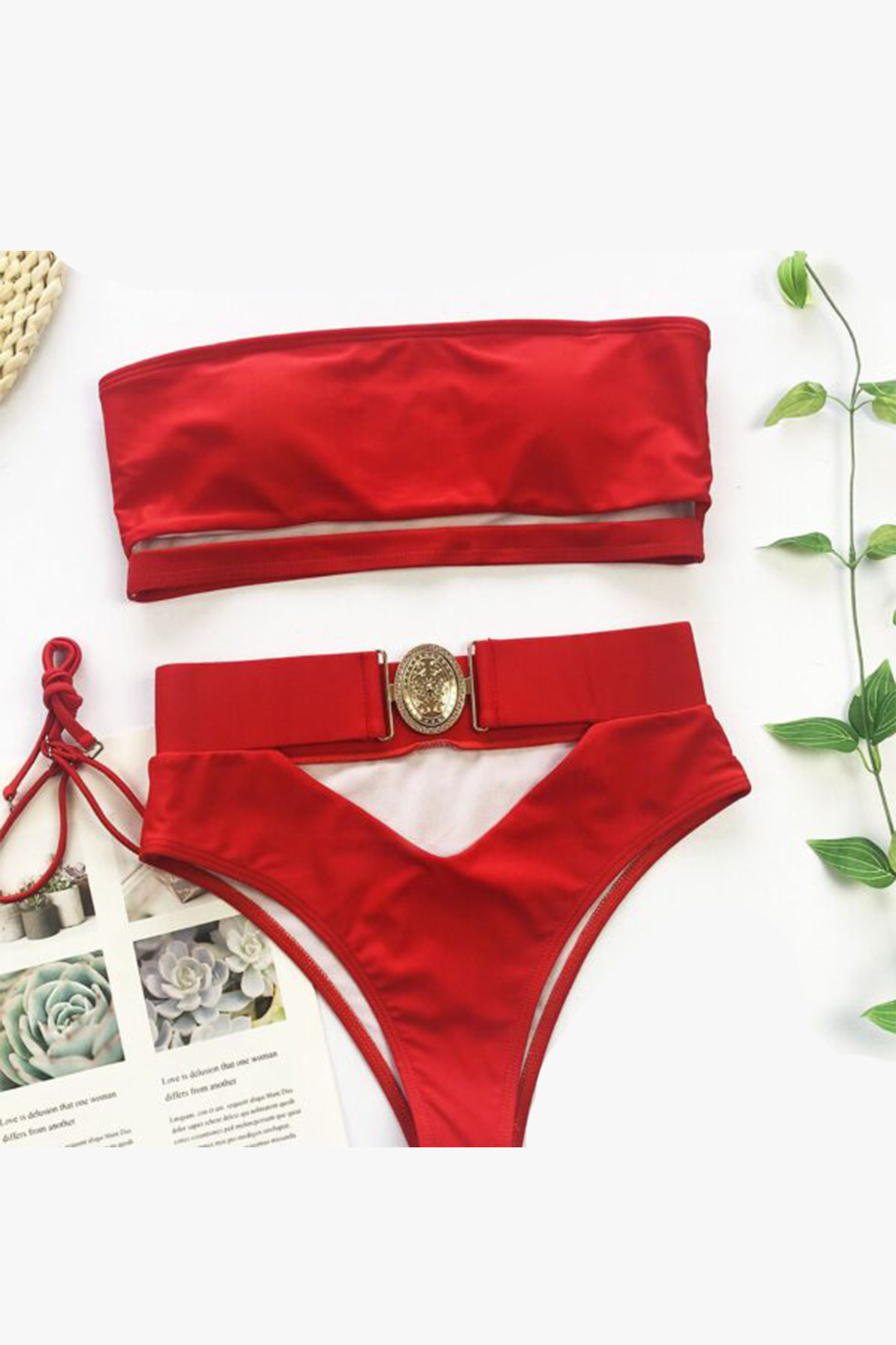 Women Clothing Summer Bikini Solid Swimwear Hollow Out High Waist Sexy Beach Swimwear set Red