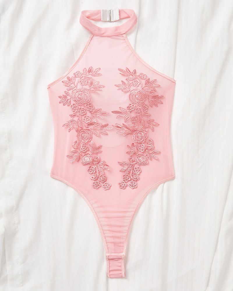 Mesh Sheer Floral Embroidered Bodysuit