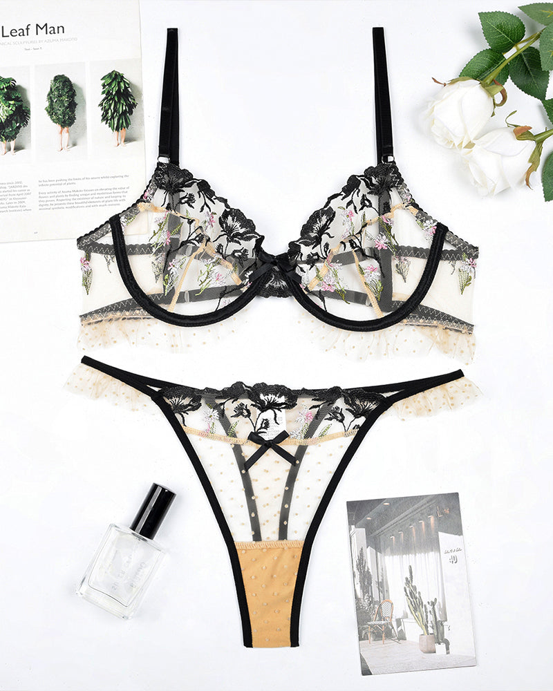 Sheer Mesh Trim Underwire Bra Panty Sets