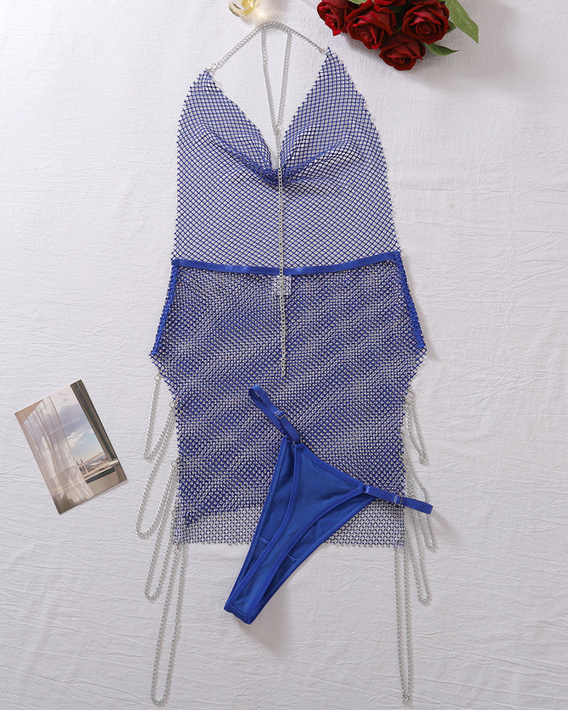 Blue Rhinestone Chemise with Thong