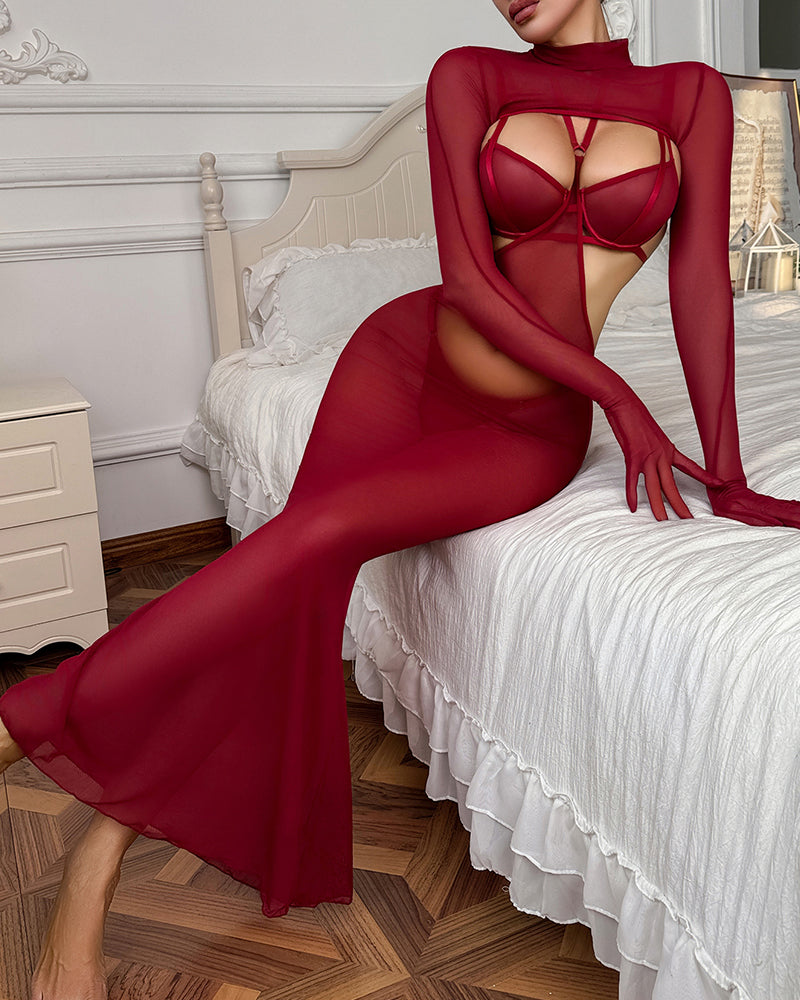 4 Pcs Red Sheer Mesh Lingerie Dress Sets
