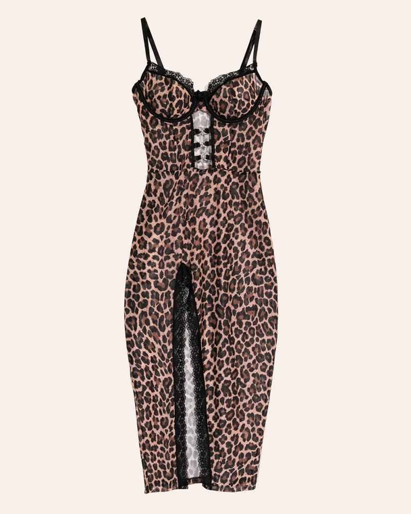 Hollow Leopard High Slit Dress+Thong