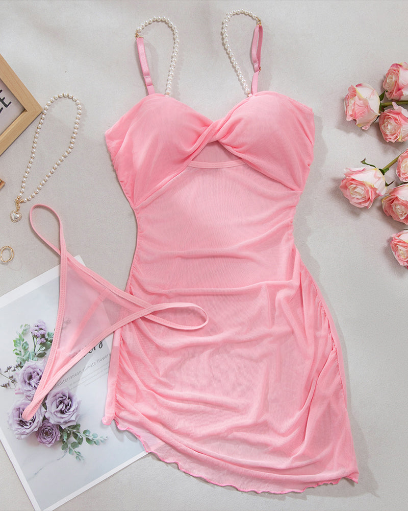 Pearl Strap Hollow Mesh Slip Dress