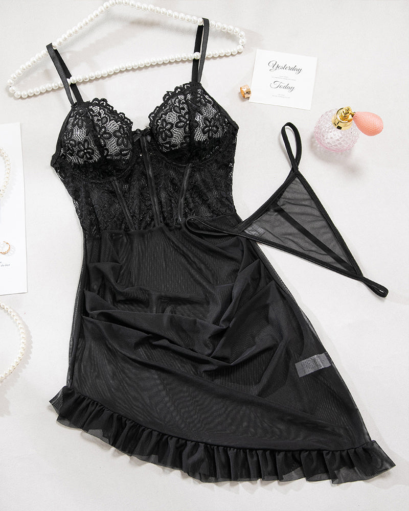 Floral Embroidery Mesh Lingerie Set